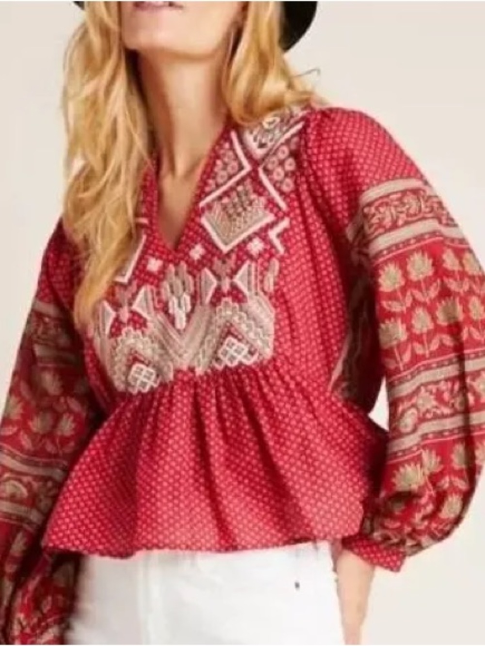 Anthropologie Red Embroidered Peasant Blouse